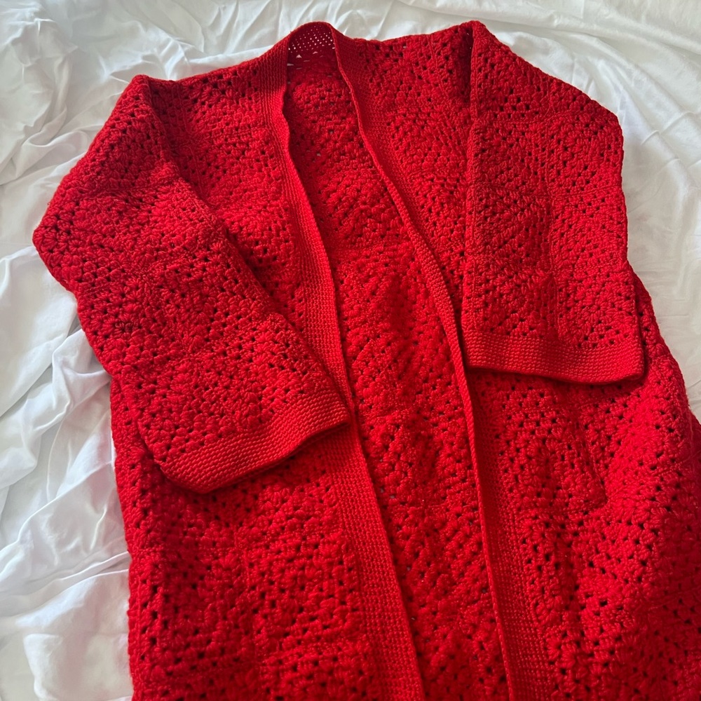 Vintage handmade Red Open-Front Crochet Knit Sweater Cardigan